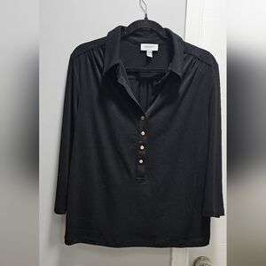 Carmen Marc Valvo Black 3/4 Sleeve Blouse XL – Gold Button Split Neck